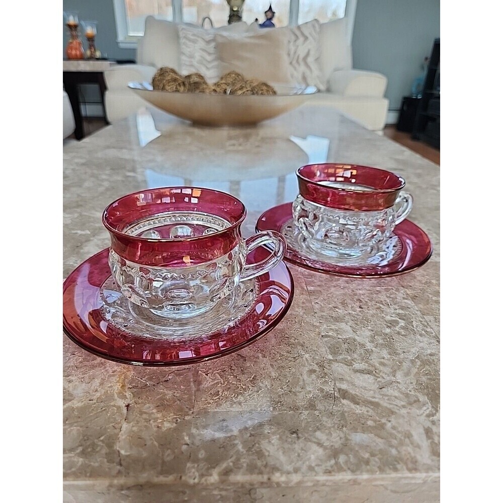 Indiana King Crown Ruby Flash Cups And Saucers, Set Of 2